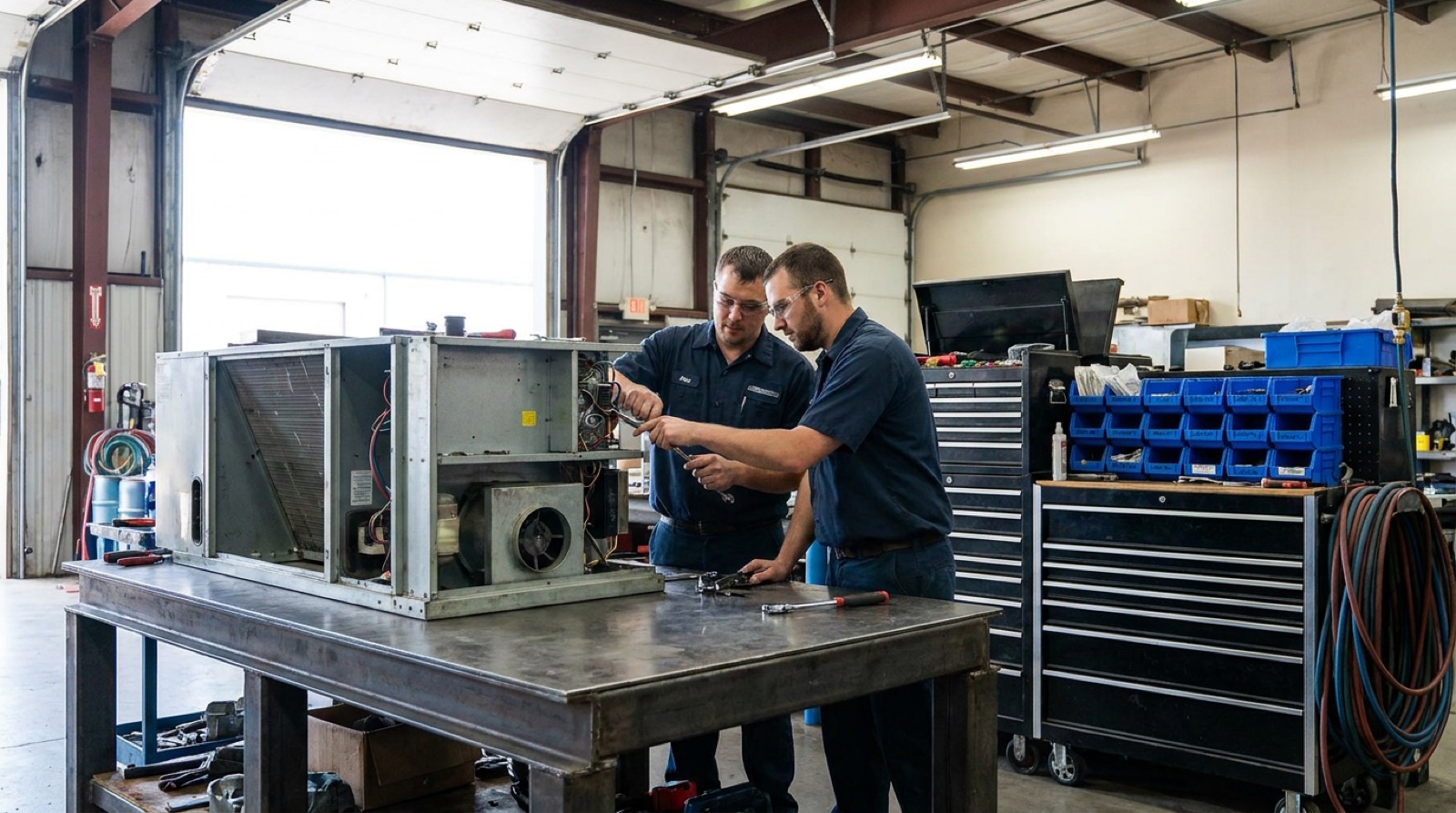 A mechanic bay with an HVAC unit on a bench and two technicians reviewing a work order