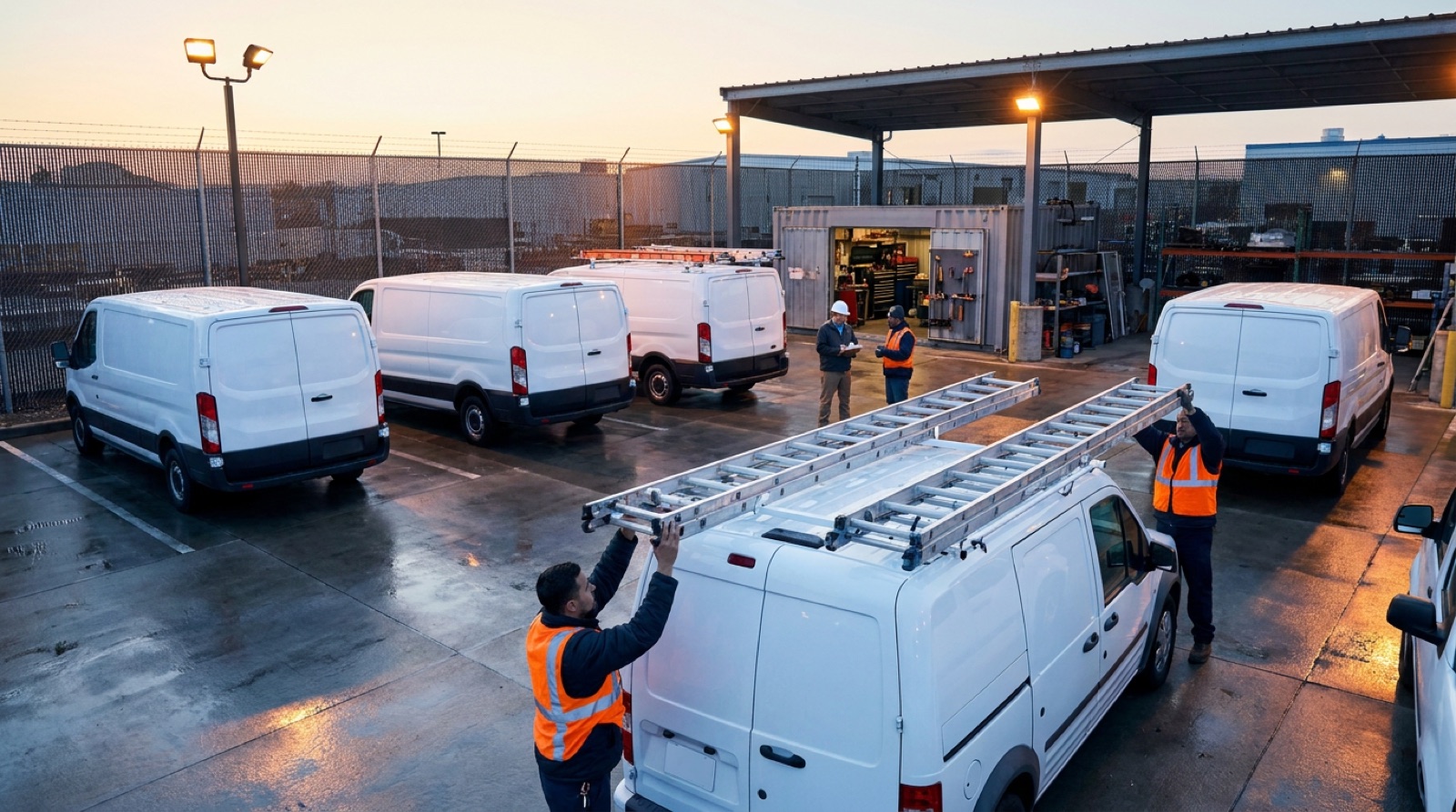 Service vans lined up in a fenced yard at dawn while technicians load equipment