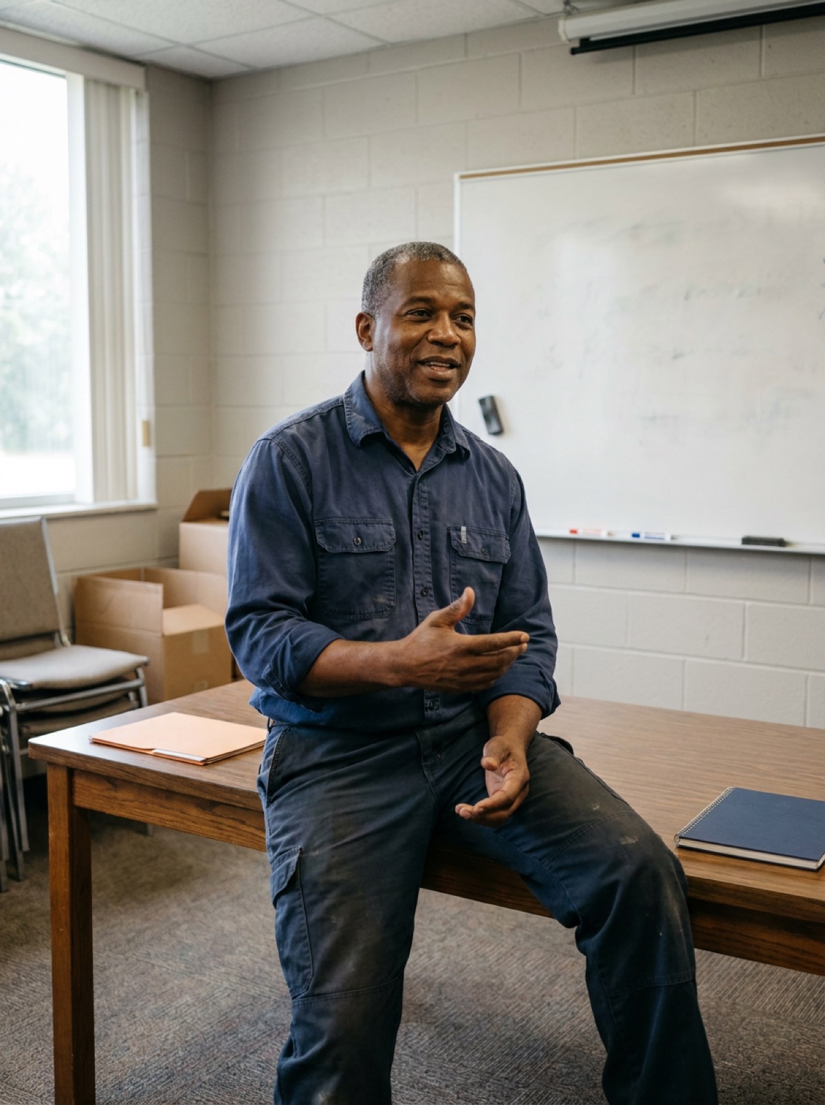 Curtis Whitaker in a training room with a whiteboard behind him
