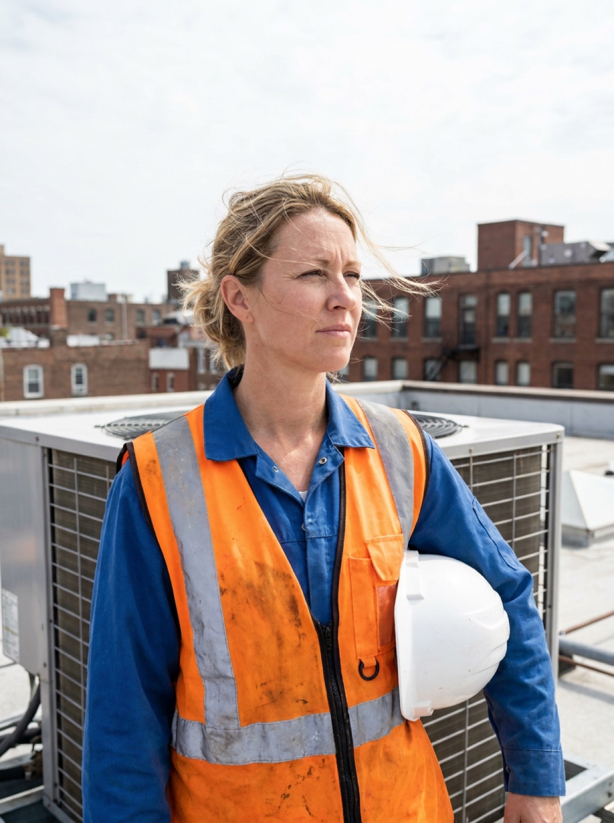 Jenna Kowalski on a rooftop beside an HVAC unit, wind in her hair