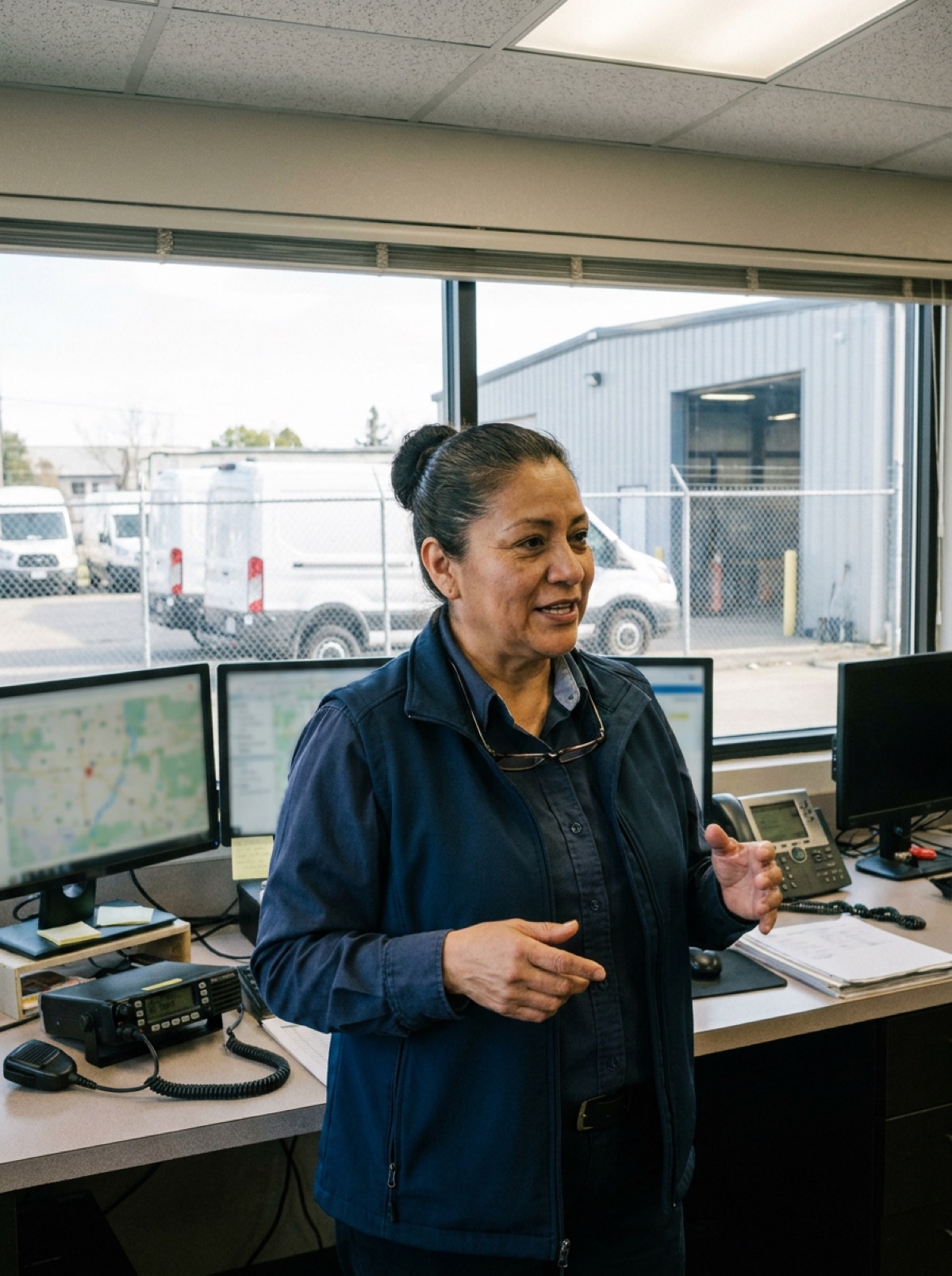 Rosa Delgado in the dispatch office at Central, with the service yard through the window behind her