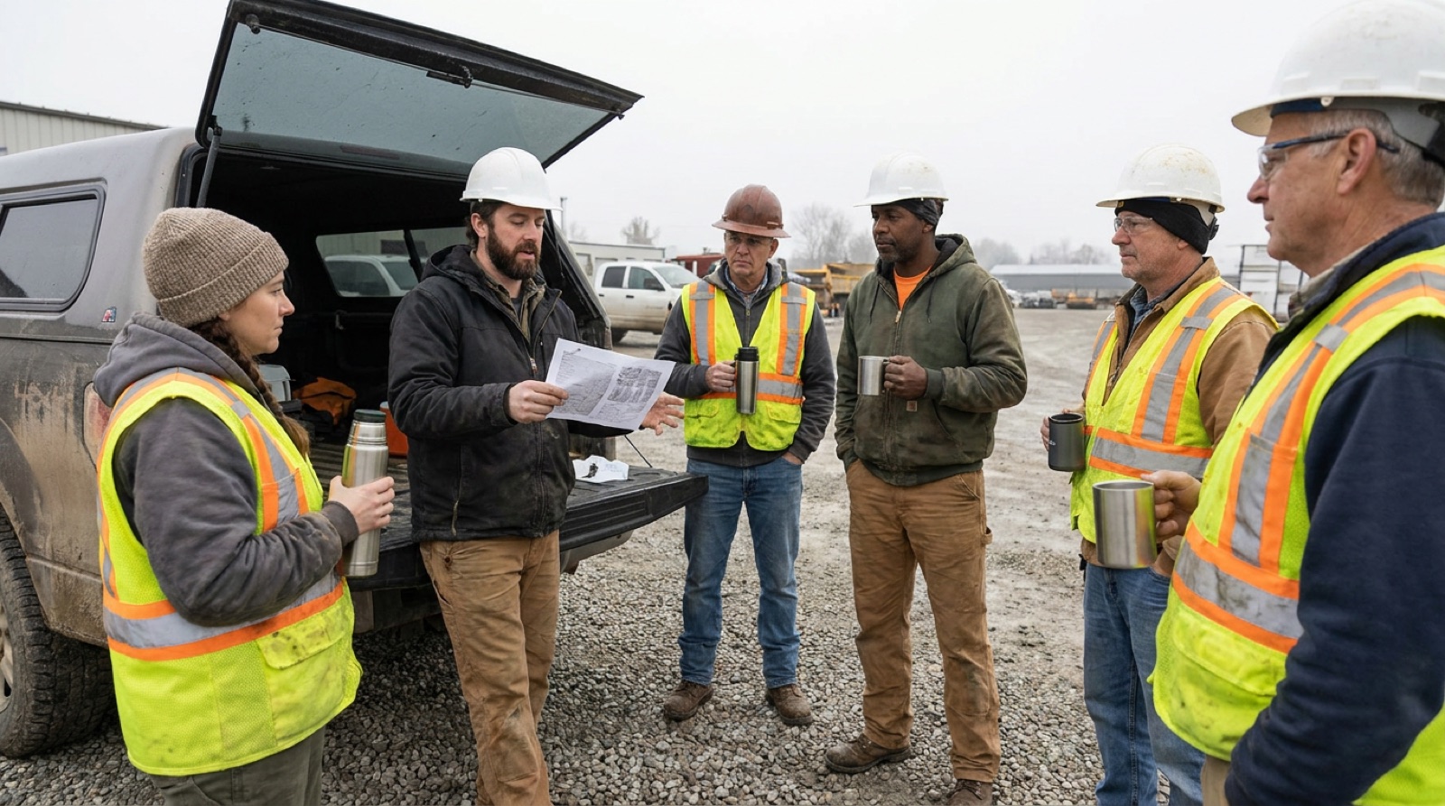A crew of six in high-visibility vests gathered around a supervisor at the tailgate of a truck before a shift